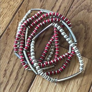 Red and white elastic stacking bracelets